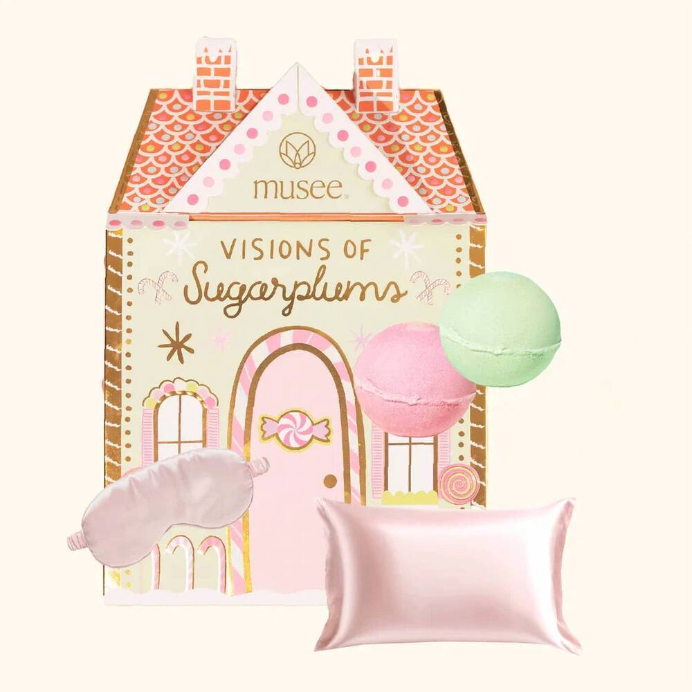 NEW MUSEE girl's visions of sugarplums bath balm & eye mask set in pink multi